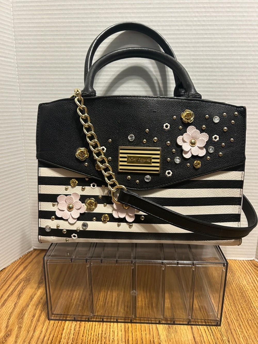 Betsey Johnson Black & White Striped Satchel with Pink Floral Accents